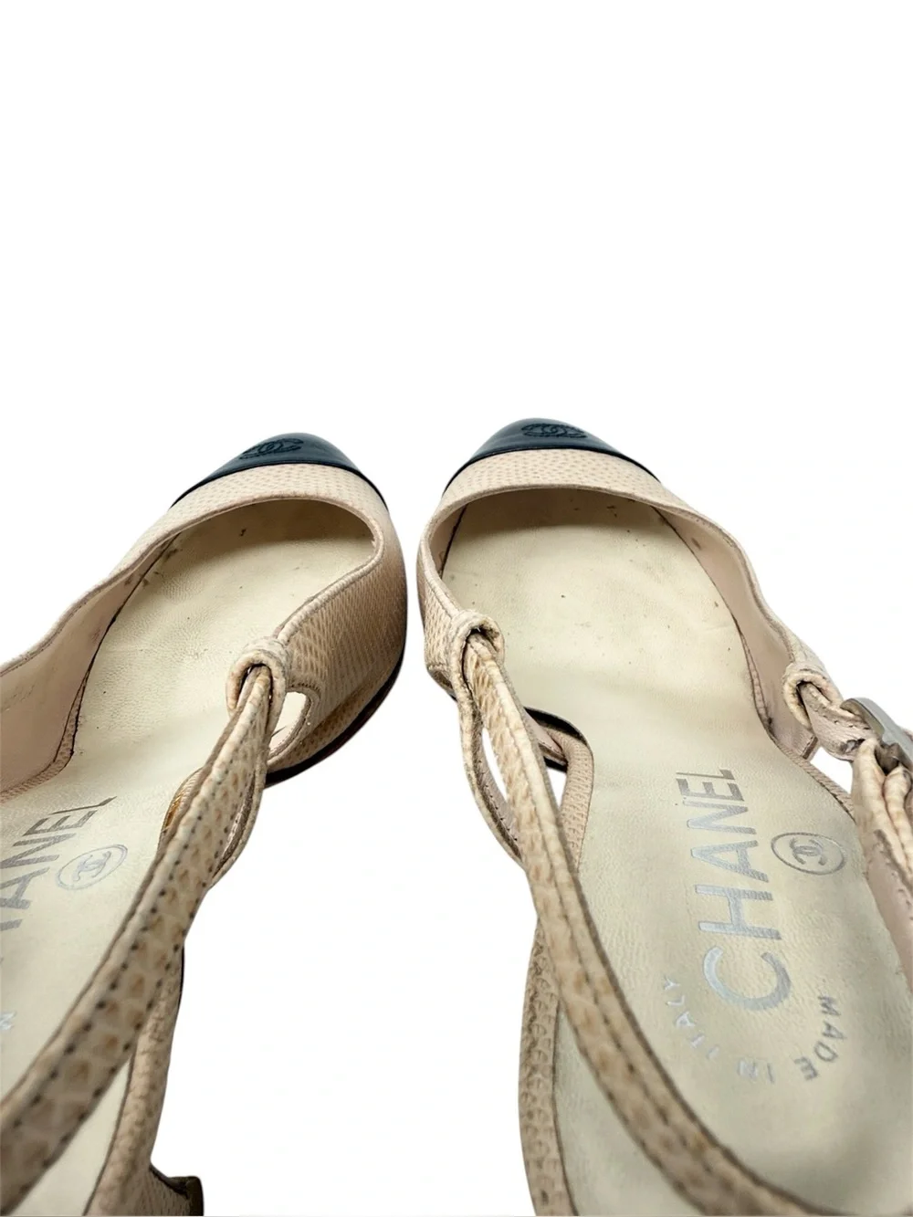 Chanel Cap Toe CC Rare Leather Lizard Slingback Beige Black Pumps Size 37.5